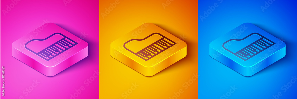 Isometric line Grand piano icon isolated on pink and orange, blue background. Musical instrument. Sq