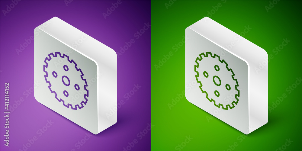 Isometric line Bicycle sprocket crank icon isolated on purple and green background. Silver square bu