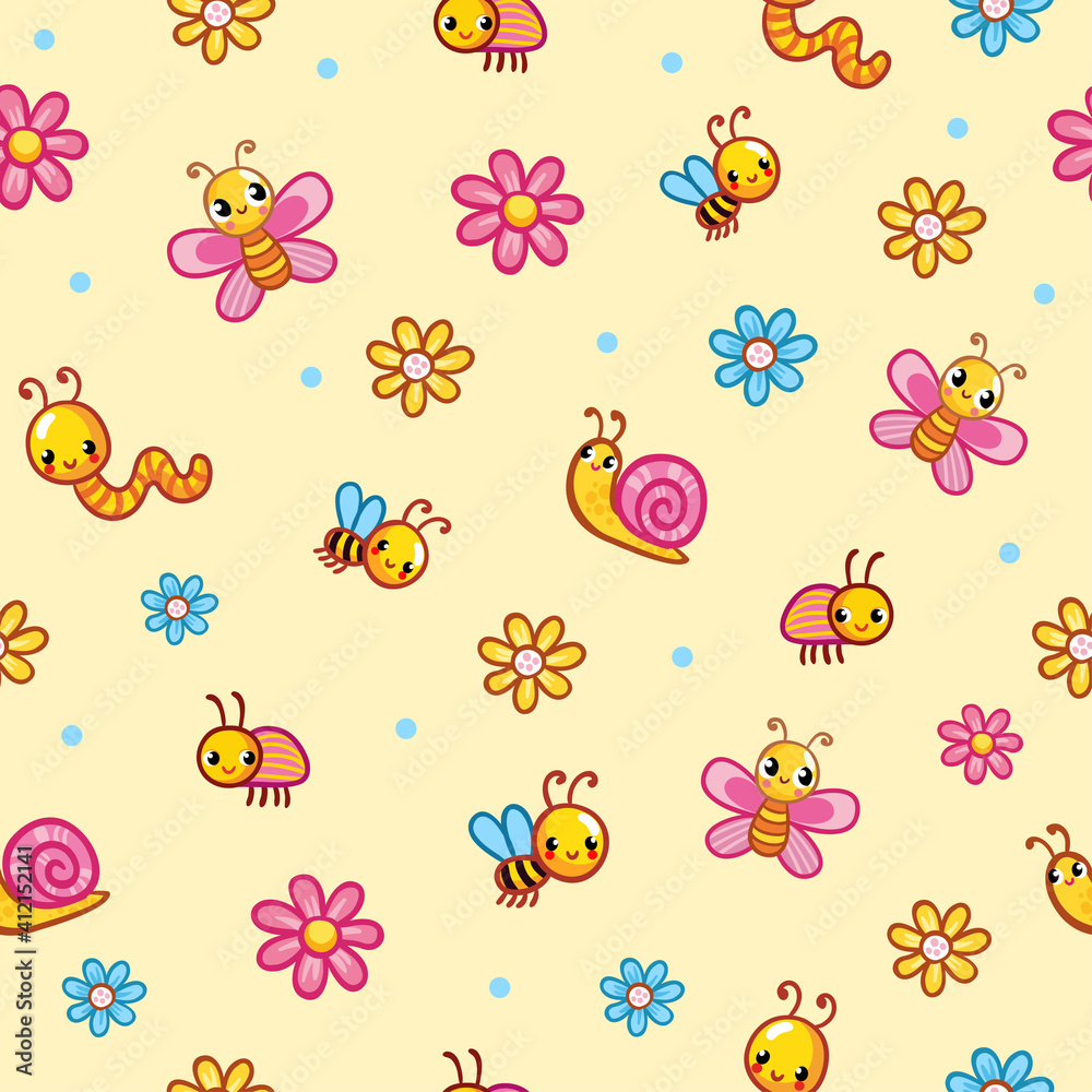 Vector seamless illustration on with worm, snail and flowers. Pattern in childrens cartoon style