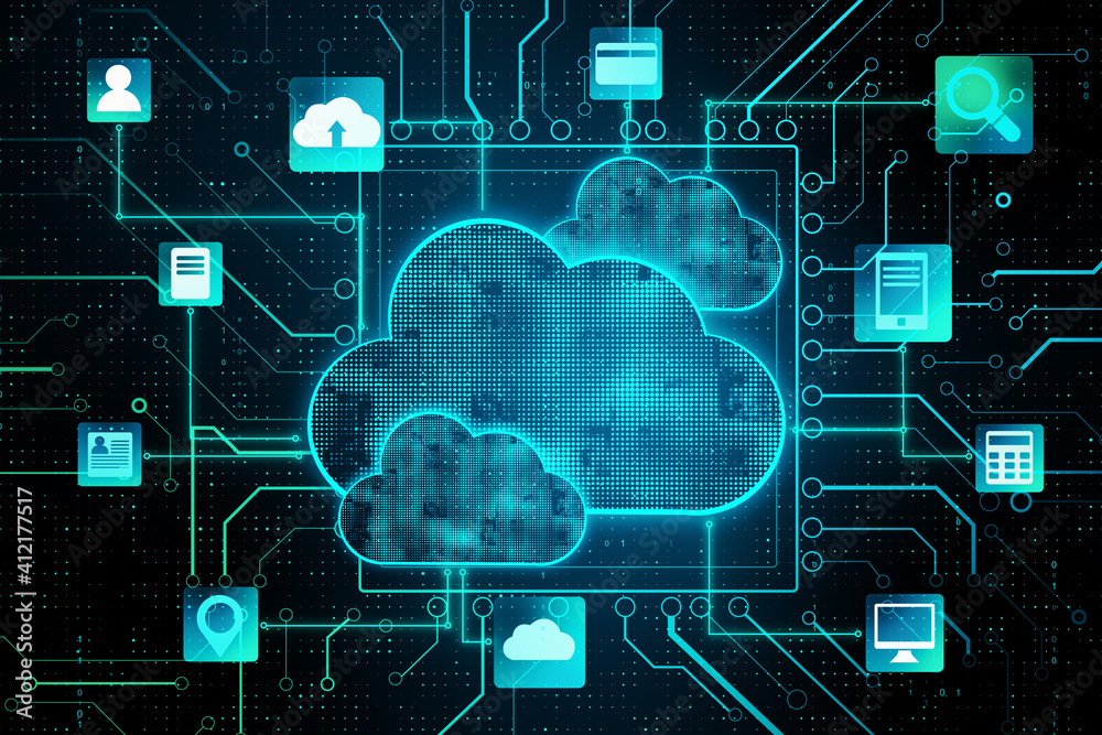 带有云元素、电气图和ser的抽象数字接口的云服务概念