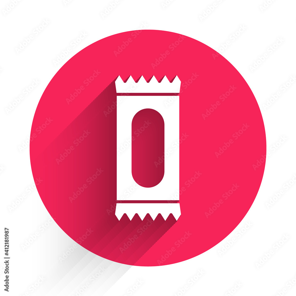 White Candy icon isolated with long shadow. Red circle button. Vector.