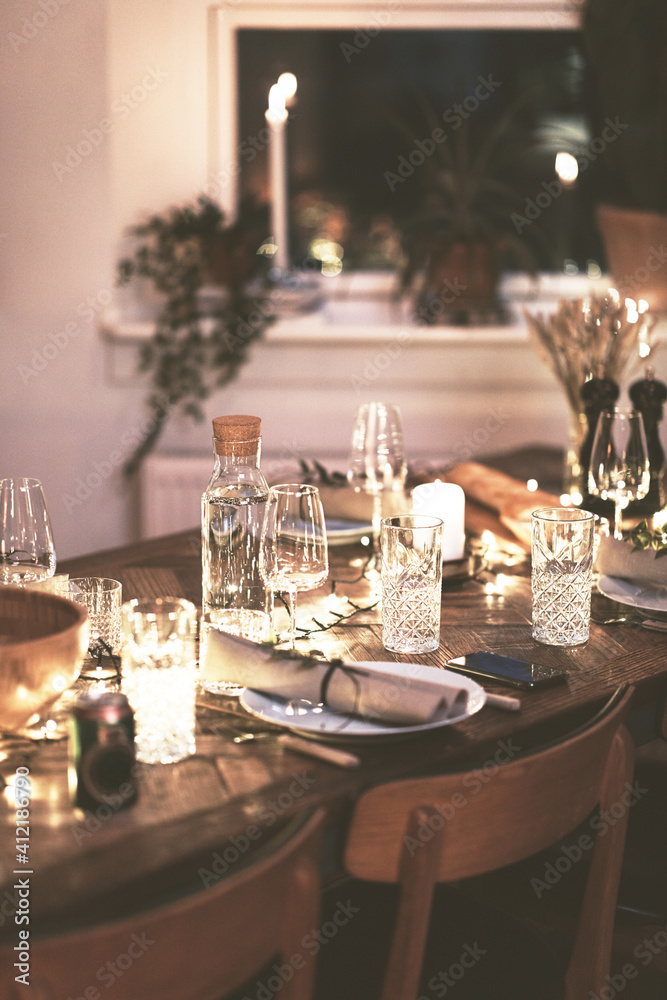 Dining table set up for an elegant evening dinner party