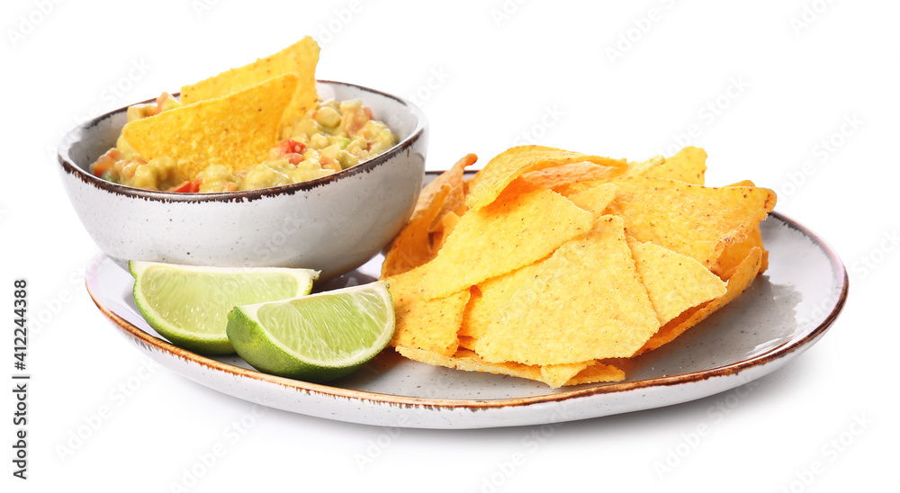 Plate with tasty nachos and sauce on white background