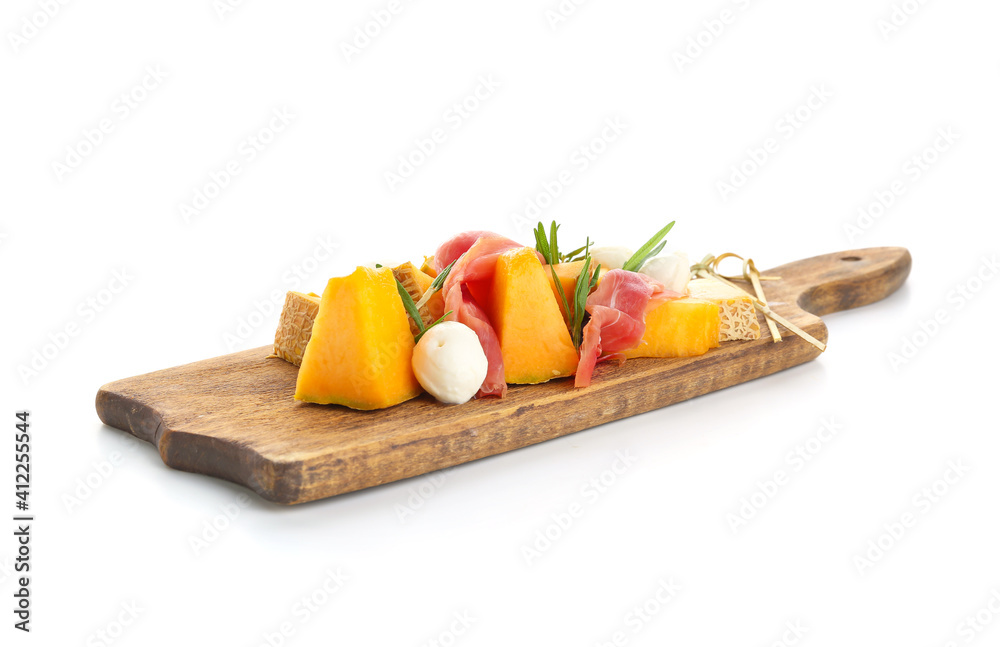 Board with delicious melon, mozzarella and prosciutto on white background