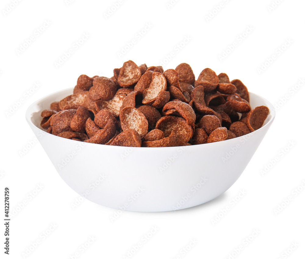 Tasty breakfast cereals in bowl on white background