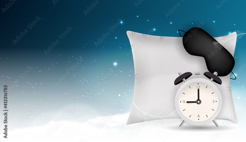 Good Night Abstract Background with Funny Sleeping Mask, alarm clock and pillow againstblue sky, sta