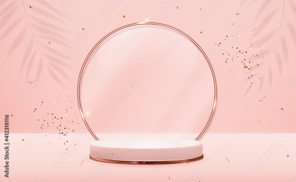 Realistic 3d Rose gold pedestal with golden glass ring frame over pink pastel natural background. Tr