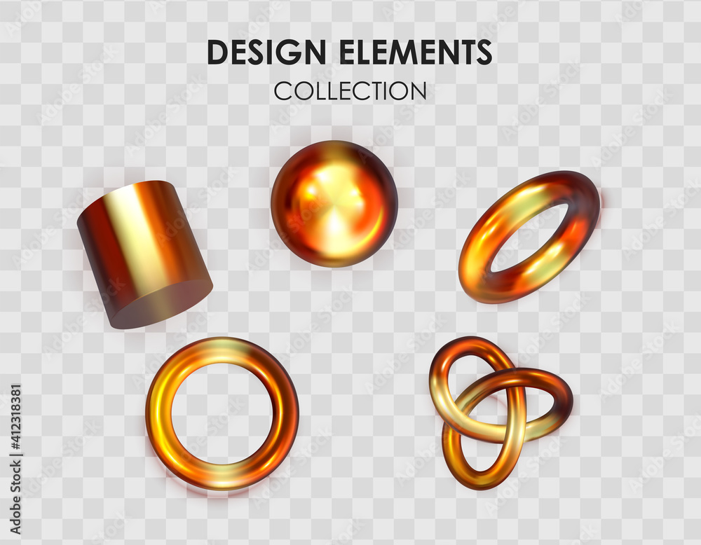 Collection set of realistic 3d render metallic color gradient geometric shapes objects elements for 