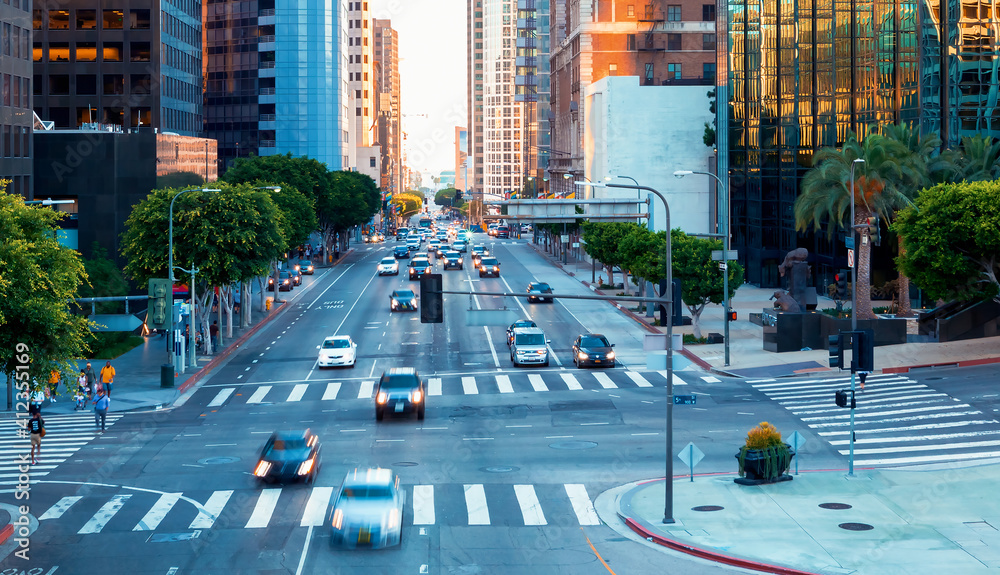 View of Downtown Los Angeles rush hour traffic