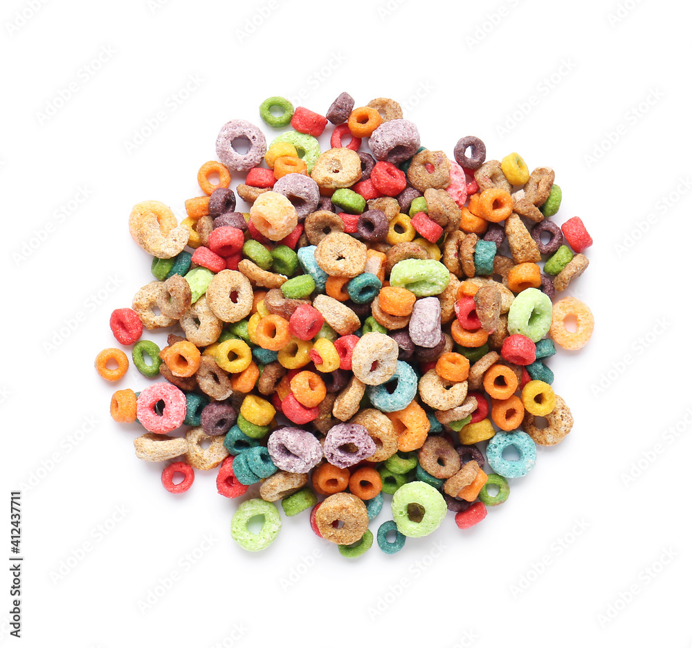 Tasty breakfast cereals on white background