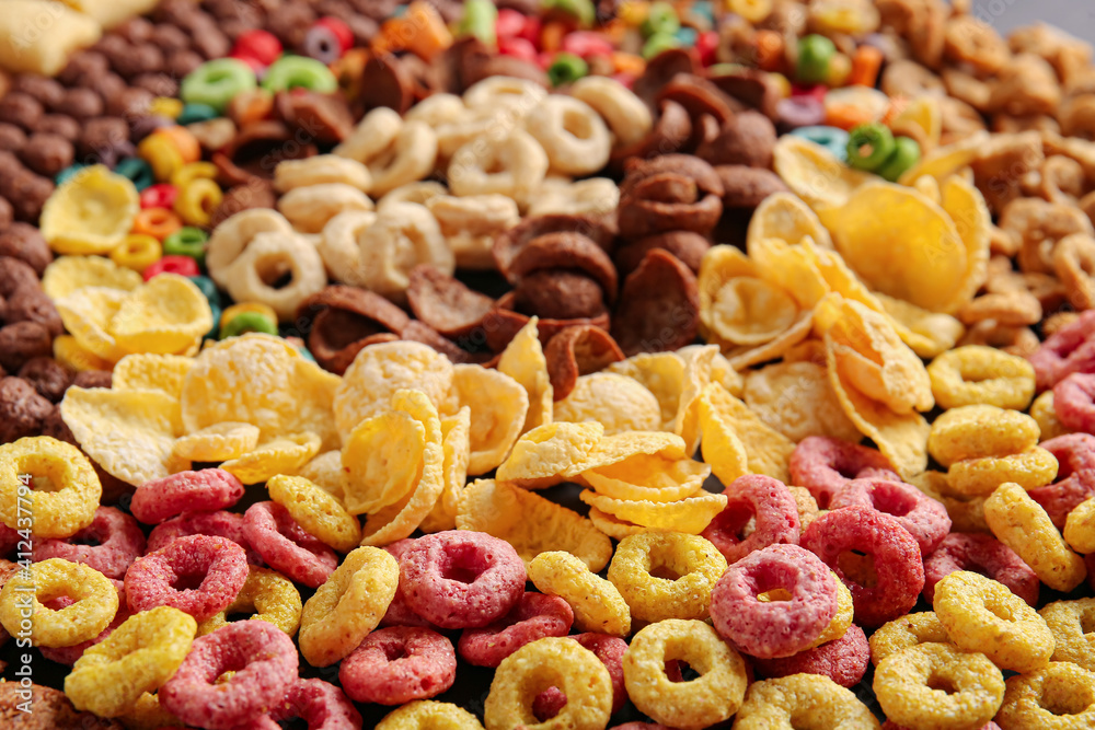 Heap of tasty breakfast cereals as background