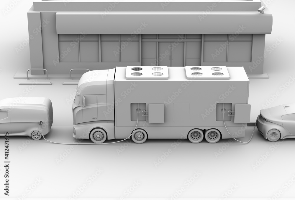 Clay rendering of electric cars charging at roadside from a power supply truck. Mobile charging stat