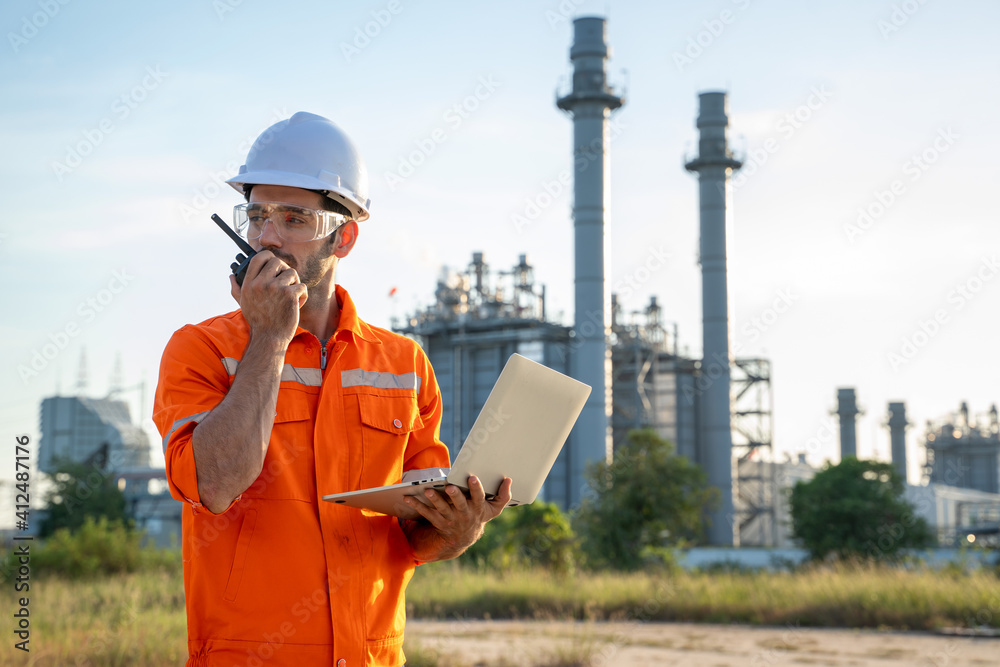 Engineer use radio communication working at refinery industry,Concept to professional engineer on in