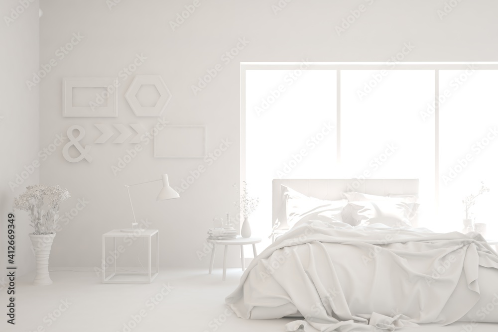 Modern bedroom in white color. Scandinavian interior design. 3D illustration