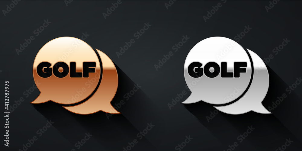 Gold and silver Golf label icon isolated on black background. Long shadow style. Vector.