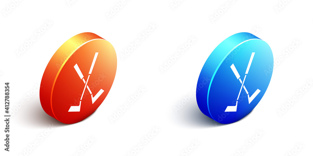 Isometric Crossed golf club icon isolated on white background. Orange and blue circle button. Vector