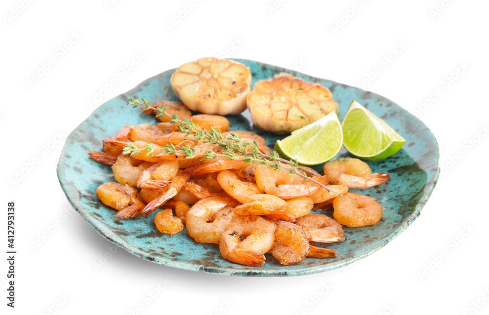 Plate with tasty shrimps on white background