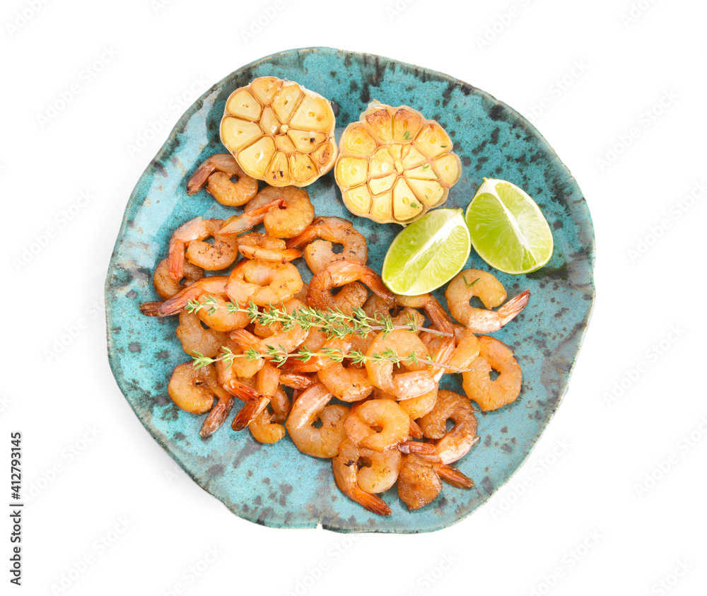 Plate with tasty shrimps on white background