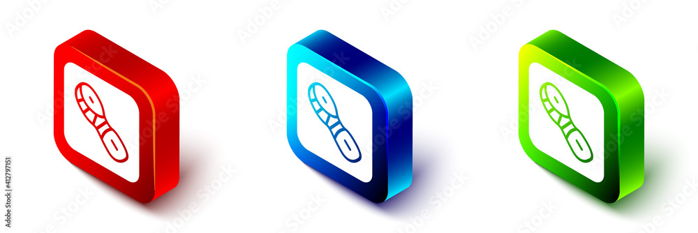 Isometric Human footprints shoes icon isolated on white background. Shoes sole. Red, blue and green 