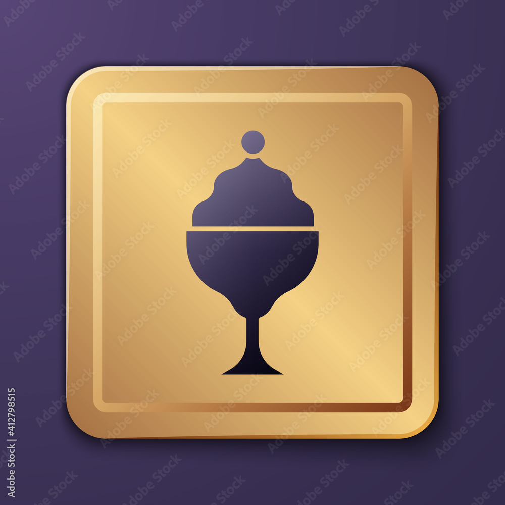 Purple Ice cream in the bowl icon isolated on purple background. Sweet symbol. Gold square button. V