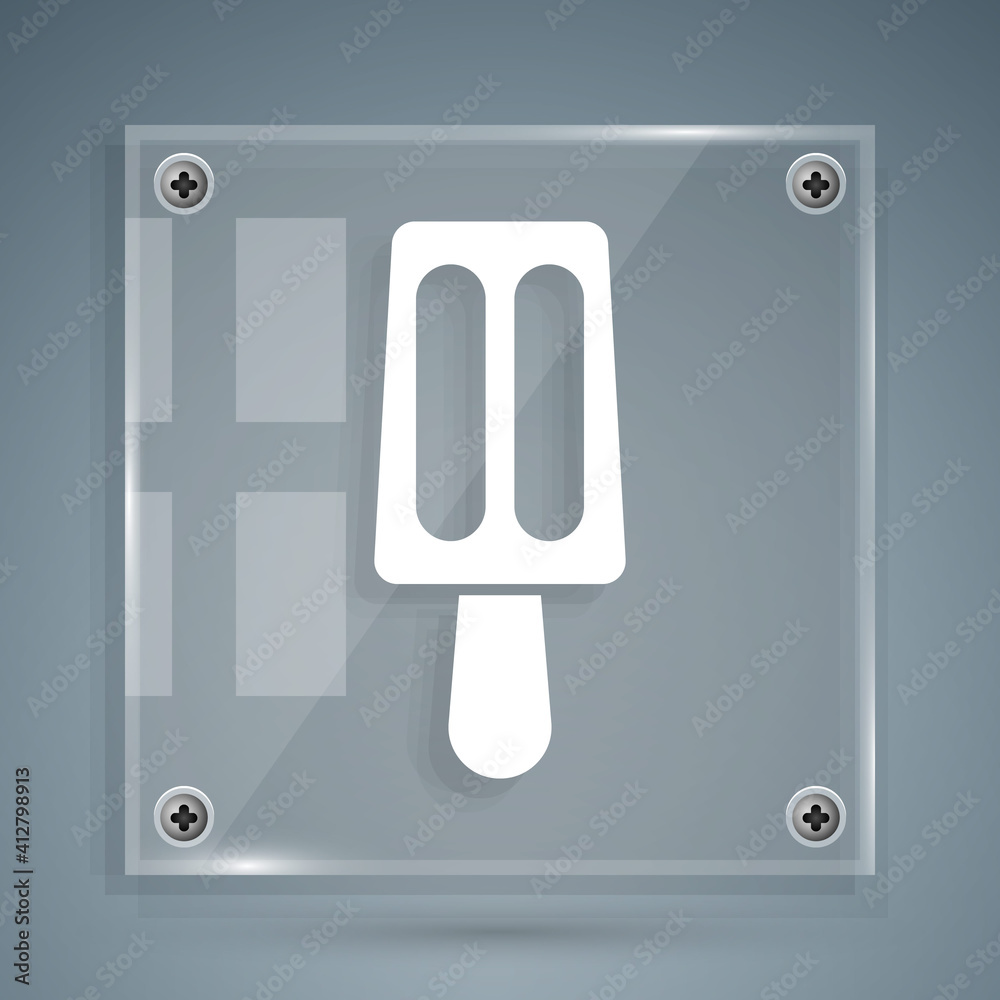 White Ice cream on stick icon isolated on grey background. Sweet symbol. Square glass panels. Vector