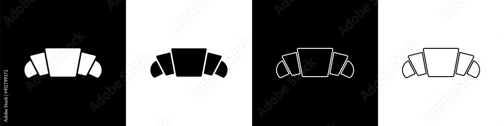 Set Croissant icon isolated on black and white background. Vector.