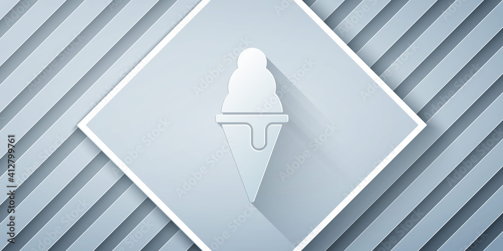 Paper cut Ice cream in waffle cone icon isolated on grey background. Sweet symbol. Paper art style. 