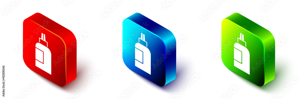 Isometric Paint, gouache, jar, dye icon isolated on white background. Red, blue and green square but