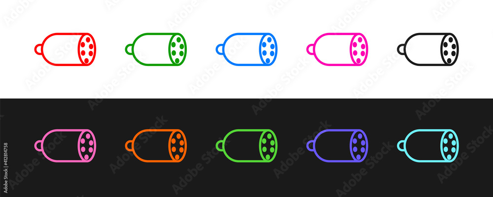 在黑白背景上隔离的萨拉米香肠图标。肉类熟食产品。Vect