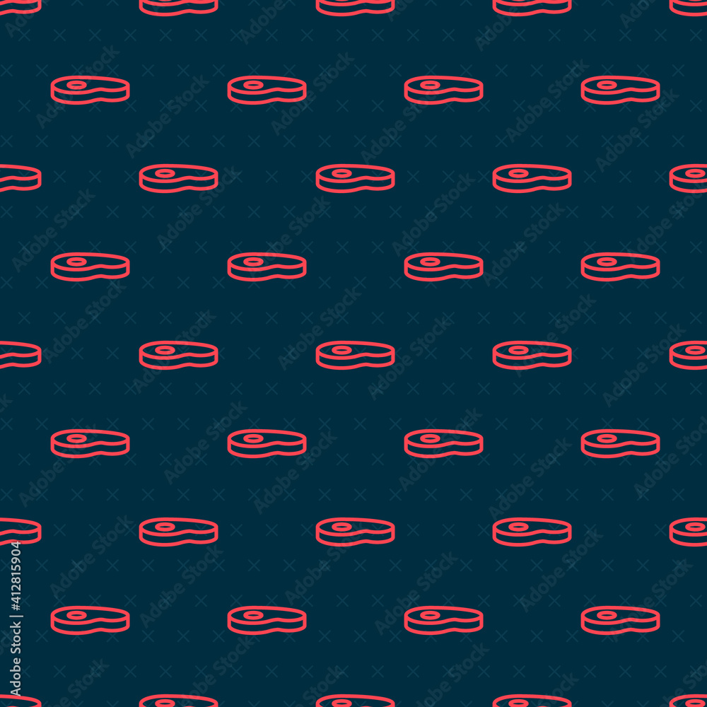 Red line Steak meat icon isolated seamless pattern on black background. Vector.