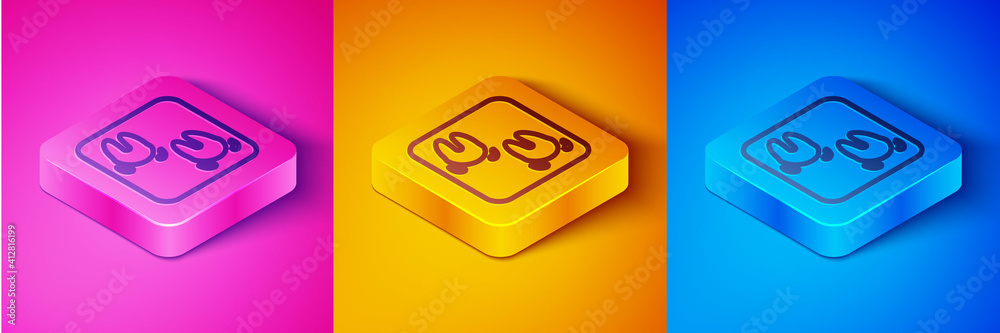 Isometric line Wild boar paw footprint icon isolated on pink and orange, blue background. Square but