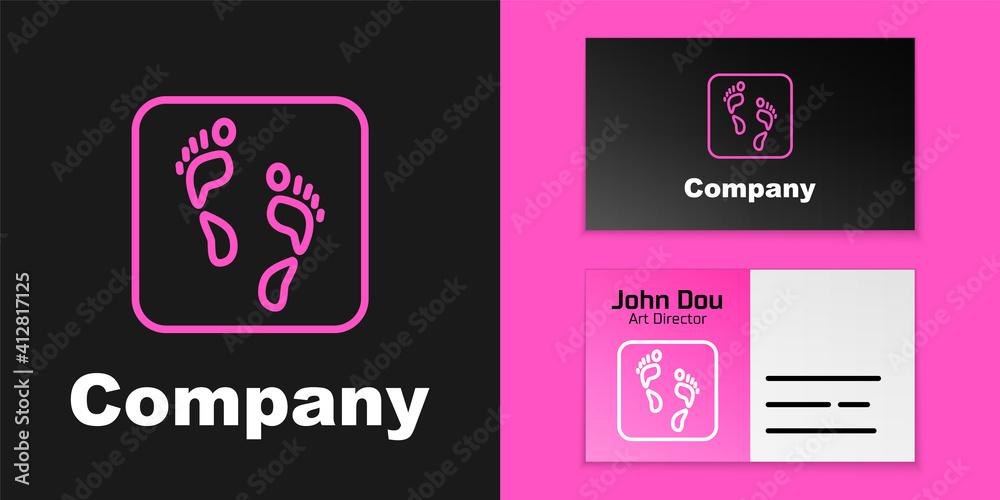 Pink line Human footprint icon isolated on black background. Trace of human foot. Logo design templa