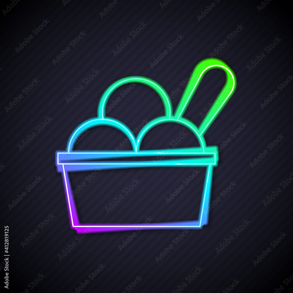 Glowing neon line Ice cream in the bowl icon isolated on black background. Sweet symbol. Vector.