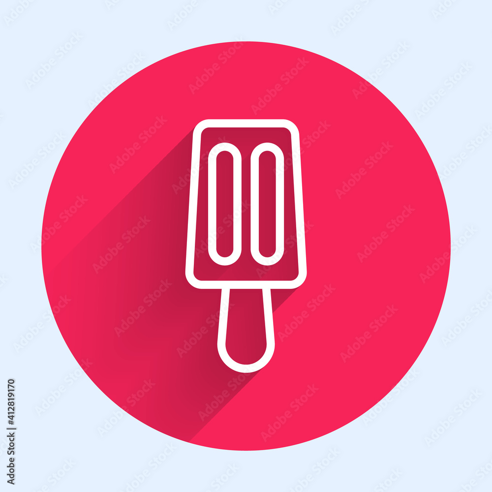 White line Ice cream on stick icon isolated with long shadow. Sweet symbol. Red circle button. Vecto