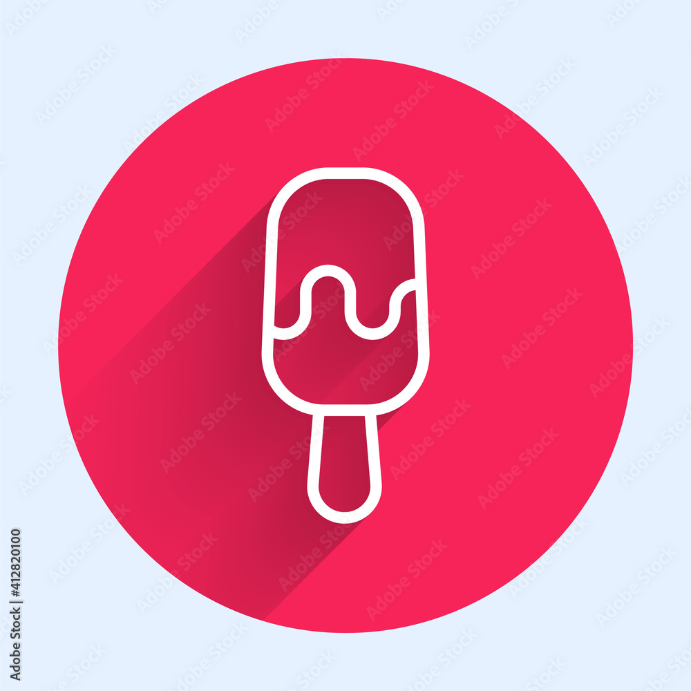 White line Ice cream on stick icon isolated with long shadow. Sweet symbol. Red circle button. Vecto