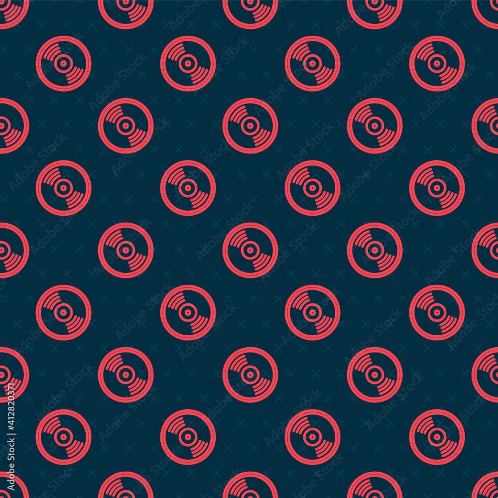 Red line Vinyl disk icon isolated seamless pattern on black background. Vector.