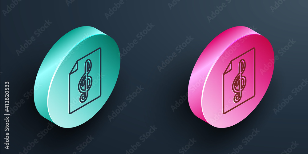 Isometric line Treble clef icon isolated on black background. Turquoise and pink circle button. Vect