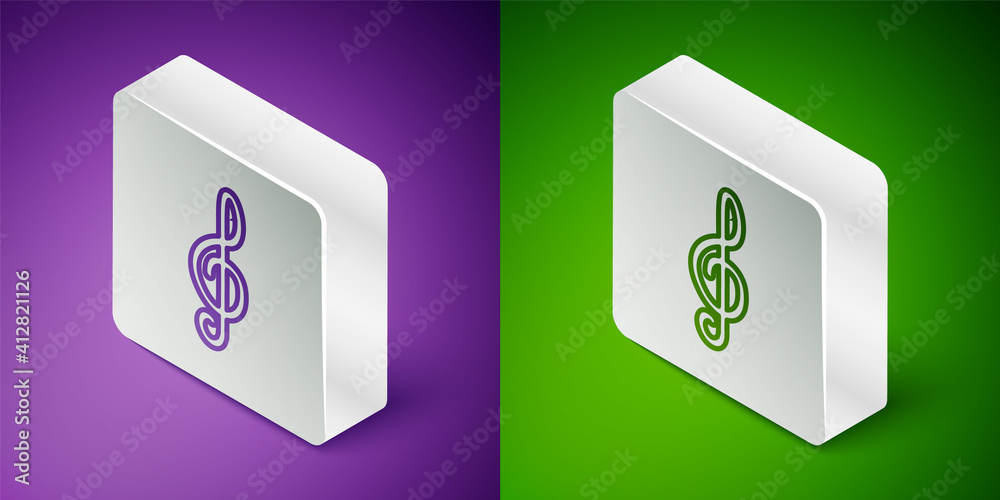 Isometric line Treble clef icon isolated on purple and green background. Silver square button. Vecto