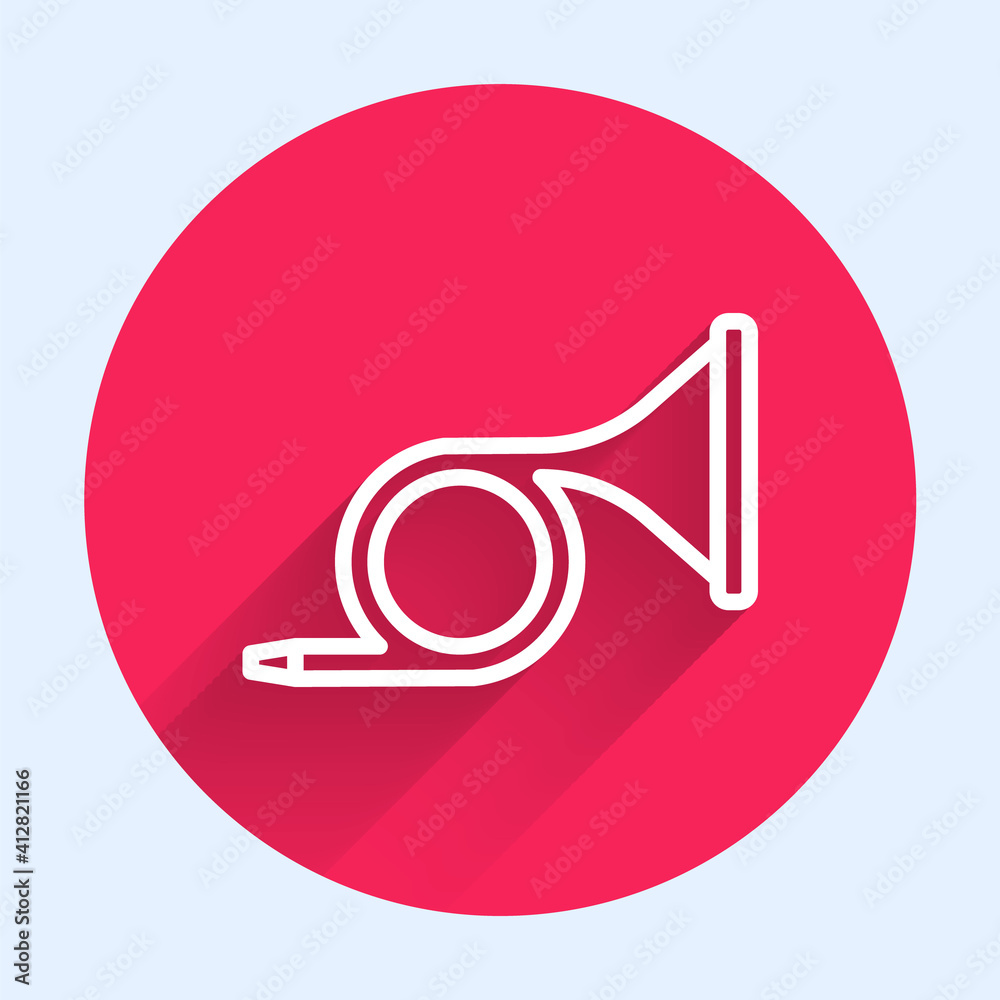 White line Musical instrument trumpet icon isolated with long shadow. Red circle button. Vector.