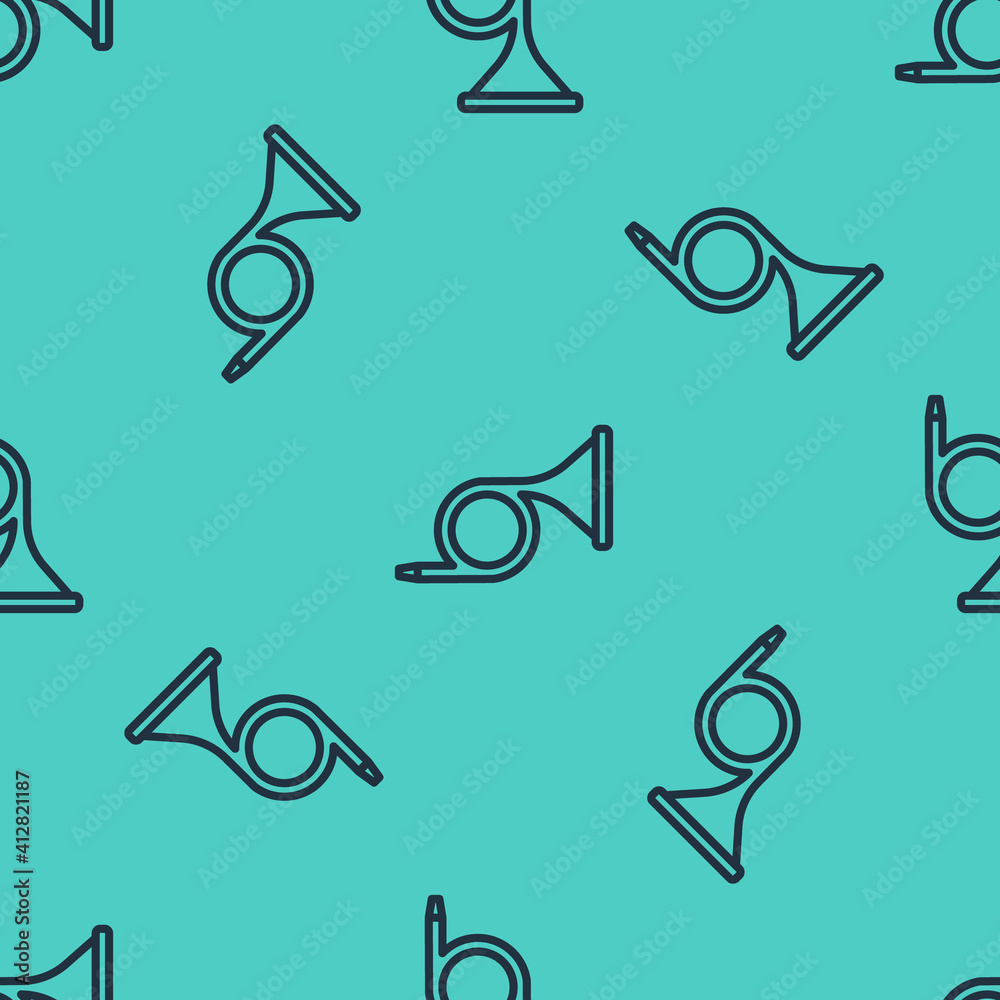 Black line Musical instrument trumpet icon isolated seamless pattern on green background. Vector.