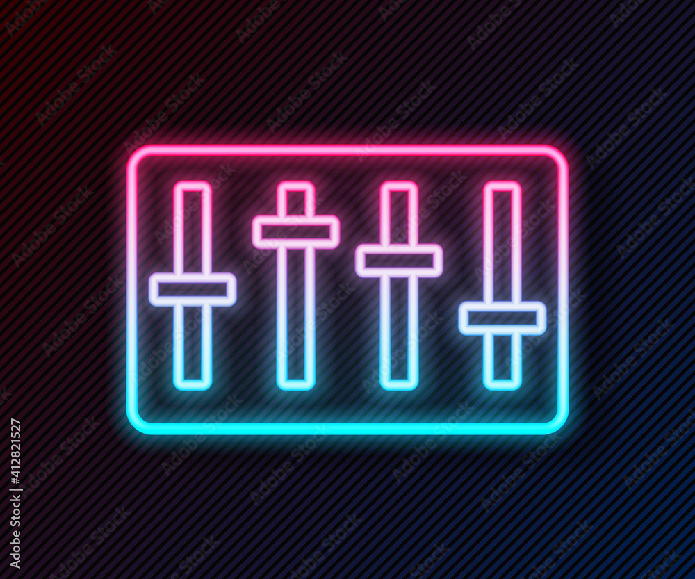 Glowing neon line Sound mixer controller icon isolated on black background. Dj equipment slider butt