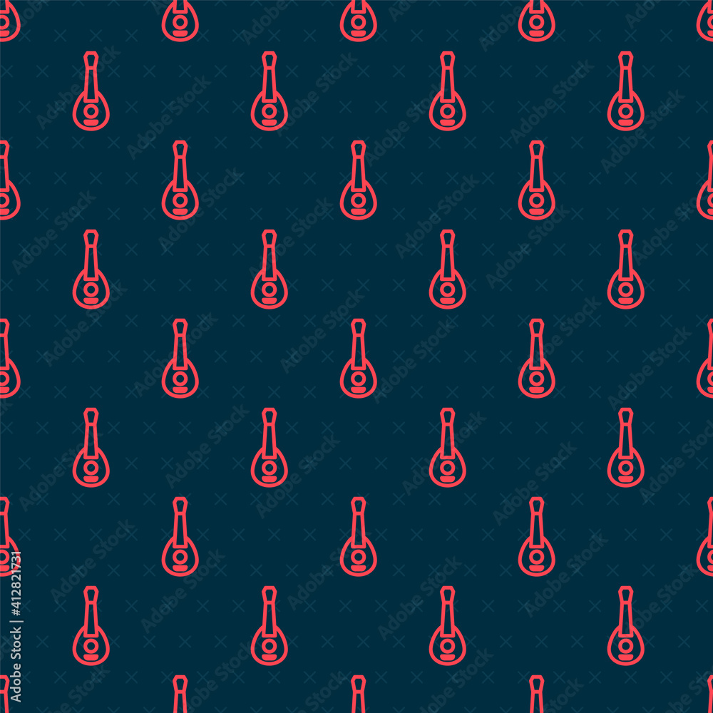 Red line Guitar icon isolated seamless pattern on black background. Acoustic guitar. String musical 