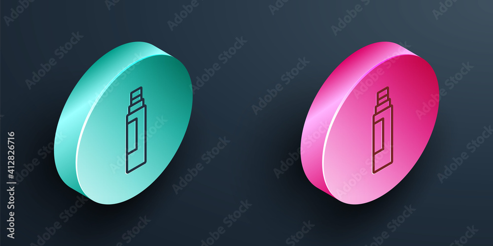 Isometric line Marker pen icon isolated on black background. Turquoise and pink circle button. Vecto