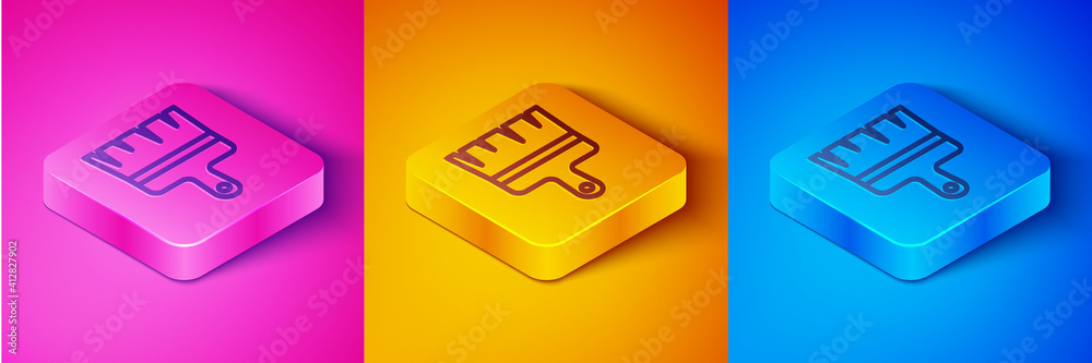 Isometric line Paint brush icon isolated on pink and orange, blue background. Square button. Vector.