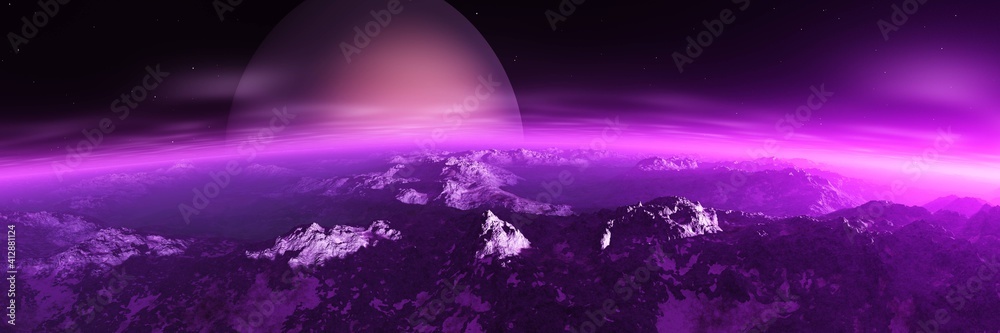 美丽的外星景观，日落时另一个星球的全景，3D渲染