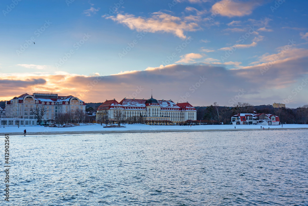 Beautiful sunset over the Baltic Sea in Sopot at winter. Poland