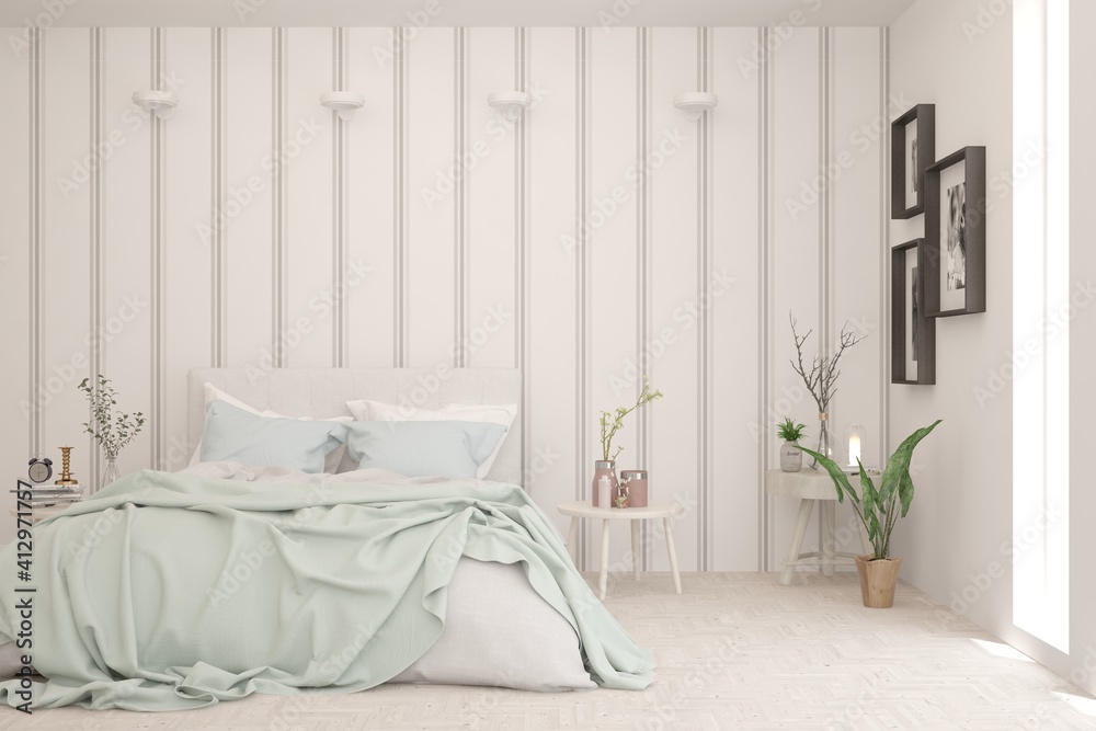 White bedroom interior. Scandinavian design. 3D illustration