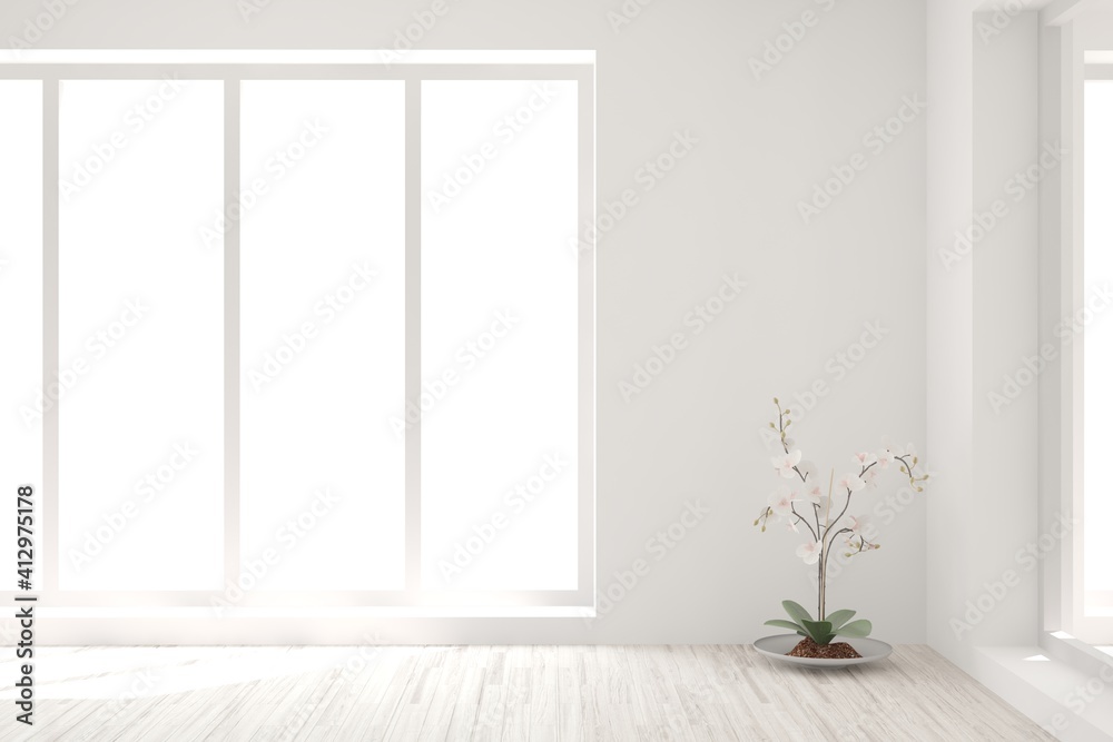 White empty room with orchid. Scandinavian interior design. 3D illustration