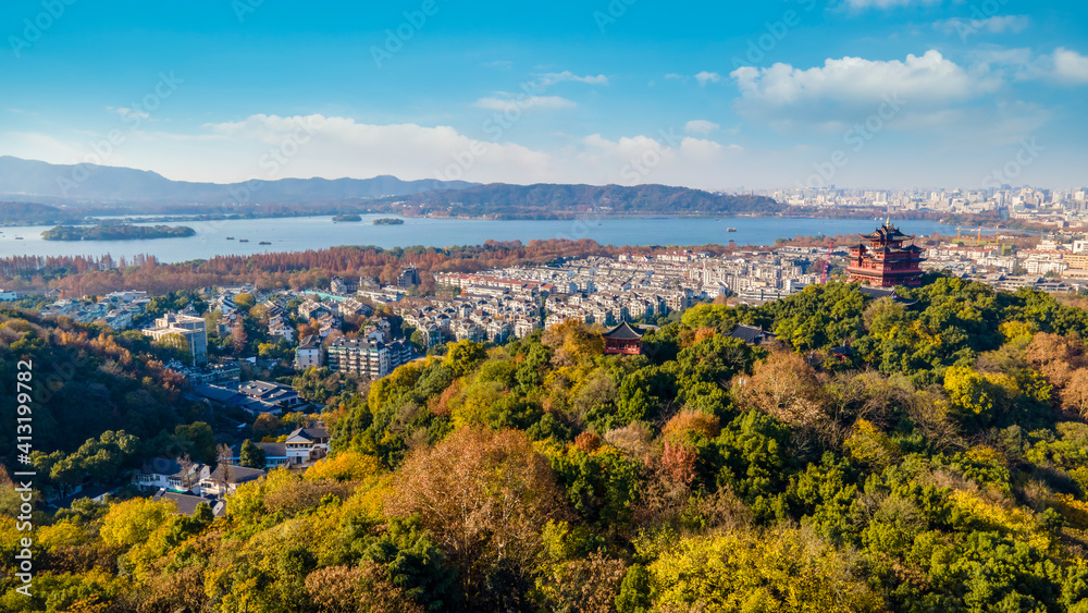 杭州古城城黄阁古建筑景区航拍