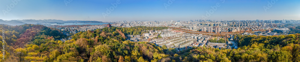 杭州古城城皇阁古建筑景区航拍